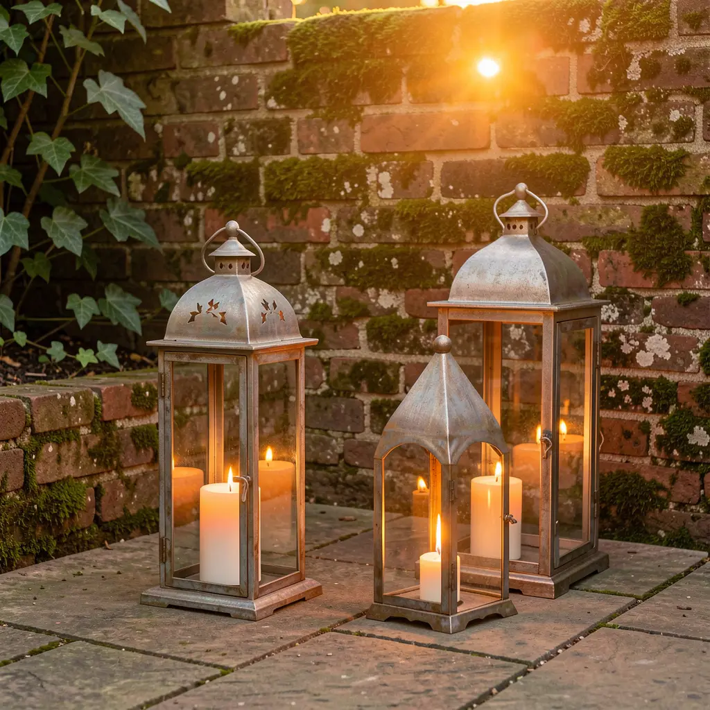 Decorative garden lanterns on outdoor patio at sunset
