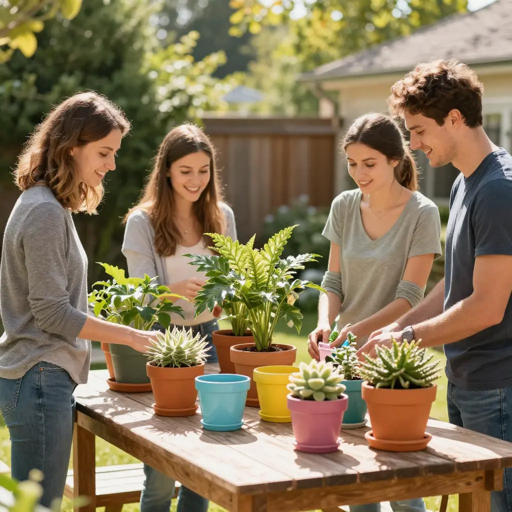 Team members selecting garden decorations